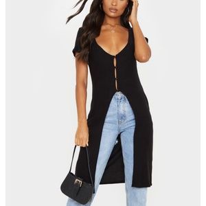 Brushed Rib Button Short Sleeved Longline Top